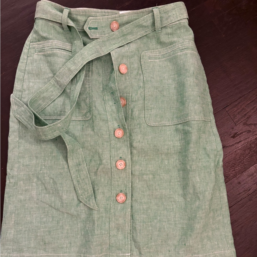 J. Crew Green Midi A-Line Skirt with Tie Front